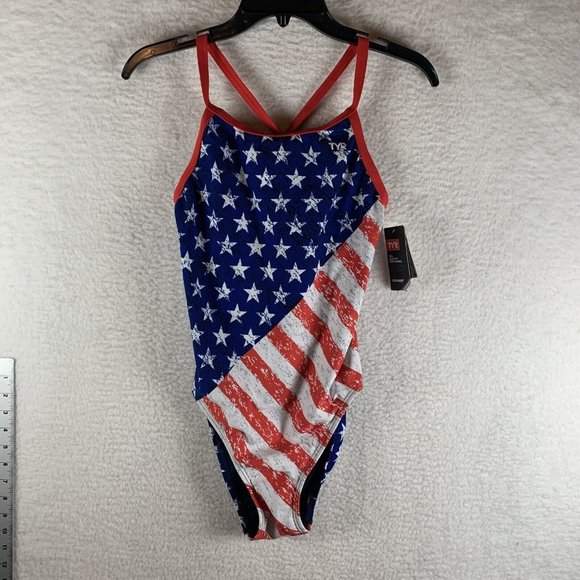 TYR Swimsuit Women 36 American Flag Print Cross Back Performance One‎ Piece 8050 - Picture 1 of 6